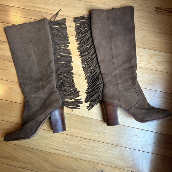 Gianni Bini Leather Back Drop Fringe Knee-High Brown Boots - Picture 3 of 15